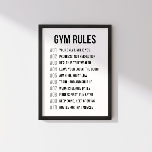 Gym Rules Sign Posters, Workout Motivational Printable Wall Art Quote, Inspirational Fitness Exercise Home Office Decor, Black and White Art