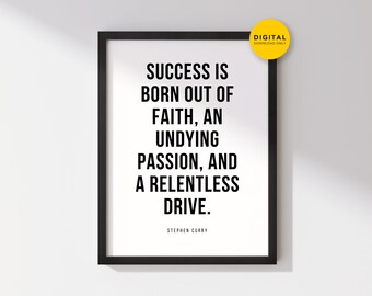 Inspirerend citaat van Stephen Curry, succes is geboren uit geloof, een onsterfelijke passie en een niet-aflatende drive, motiverend decor NBA-basketbal