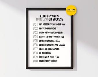 Kobe Bryant 10 Rules for Success Poster Mamba Mentality Motivation Quote  Printable Wall Art Inspirational Basketball Decor Kids' Bedroom