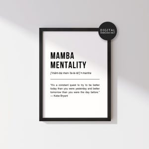 Poster con la definizione della mentalità Mamba di Kobe Bryant / Citazione minimalista da parete stampabile sul basket / Decorazione da scrivania con motivazione NBA Black Mamba