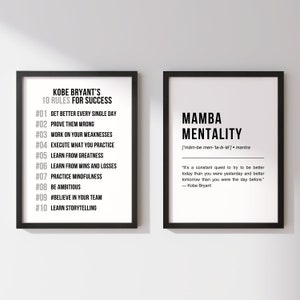 2-częściowy motywacyjny wydruk ścienny z cytatami, plakaty Kobe Bryant Mamba Mentality, inspirujący NBA Basketball Mindset, sztuka ścienna do pokoju dziecięcego