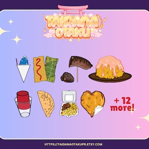 May include: A collection of colorful food illustrations, including a shaved ice, a green and red wrapped food, a brown sausage, a yellow dessert with pink icing, a red and white cup, a brown and white pastry, a yellow and white takeout container with food, a heart-shaped fried food, and the text " + 12 more!"