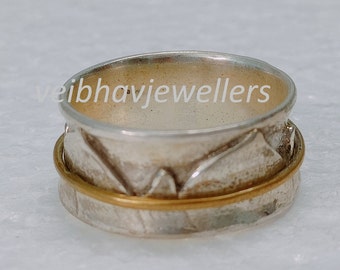 Two Tone Spinner Ring for Women | Hammered Silver Wide Band with Spinning Ring | Minimalist Meditation Ring