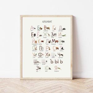 May include: A framed alphabet poster in a light wood frame. The poster features the Russian alphabet with each letter accompanied by an animal illustration. The letters are in pink and black, with the word "ALPHABET" at the top.
