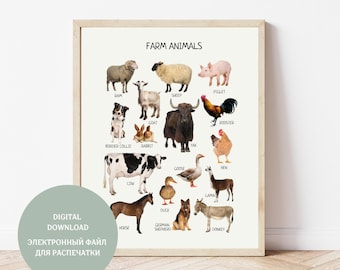 Farm Animals Poster, Montessori Educational Poster, Kids Nursery Room Decor, DIGITAL DOWNLOAD