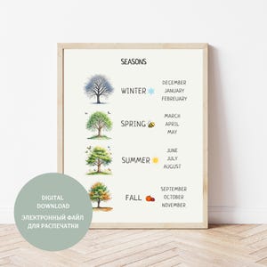 Póster de estaciones, gráfico de estaciones, decoración de pared para niños, póster educativo Montessori, decoración de guardería, decoración de educación en el hogar, descarga digital