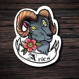 Aries Sticker, Zodiac Astrology decal, Ram Sticker, Traditional Tattoo Style
