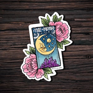 Tarot Card The Moon Sticker, Traditional American Tattoo Style Sticker