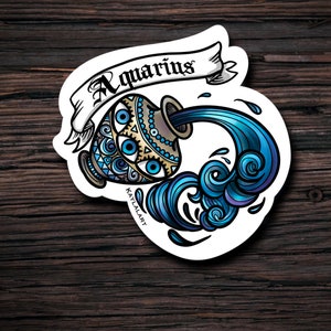 Aquarius Sticker, Zodiac Astrology decal, Water Sticker, Traditional Tattoo Style