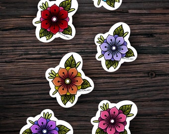 Rainbow Flower Sticker Set, Traditional American Tattoo Style Sticker
