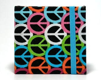 Hardcover Note Pad with Elastic Closure-includes Genuine 3X3 Post-it™ Note Pad - Handmade - Multicolor Peace Signs on Black