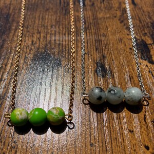 Green Jasper & Grey Quartz Necklace; Three Bead Gemstone Pendant