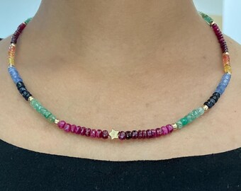 Collana con perline multi-zaffiro: dettagli in oro, pietra portafortuna di settembre