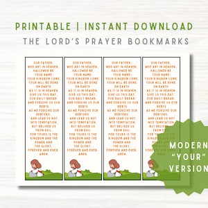 May include: Four printable bookmarks featuring the Lord's Prayer in a modern, minimalist style. Each bookmark features a cartoon illustration of a person kneeling in prayer. The text is in a brown font on a white background.
