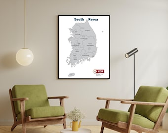 Mapa minimalista de Corea del Sur para imprimir, descarga digital, ciudades, provincias y perfiles de países, arte mural gris, 5 tamaños, mapa de viaje de Corea del Sur
