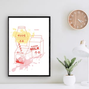 Afdrukbare muurkunst Koreaanse melkpop-art - aardbei, banaan, originele smaak digitale download - Koreaans geïnspireerde instant muurdecoratieposter