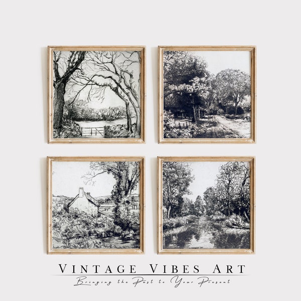 Tranquil Forest Scenes: Set of 4 Charming Square Art Prints for Peaceful Ambiance | ss4001