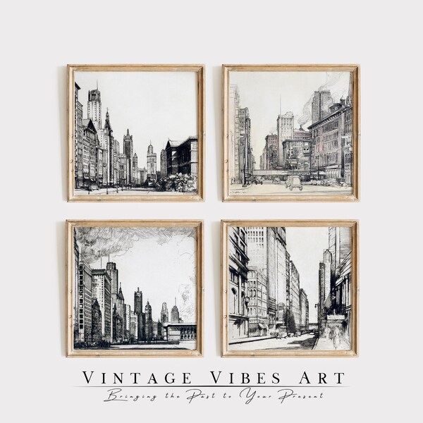 Vintage City Streets Square Art Prints - Set of 4 for Gallery Wall | ss4006