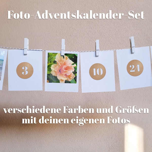 Foto Adventskalender in verschiedenen Farben mit Kärtchen, Klammern und Schnur mit eigenen Bildern, handgemacht