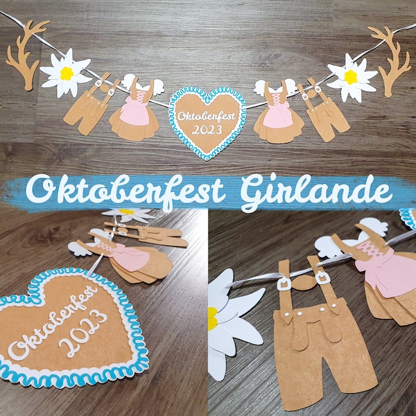 Oktoberfest 2023 Girlande mit Lebkuchenherz aus Papier mit 3D Effekt, handgemacht