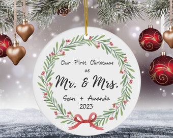 First Christmas Married Ornament, Personalized Mr & Mrs Wreath Decor, Custom Newlywed Keepsake, Wedding Gift for Couple