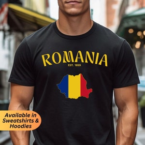 Romania Shirt, Romanian Flag Map Design in T-Shirts Sweatshirts Hoodies, Patriotic Romanian Heritage Clothing