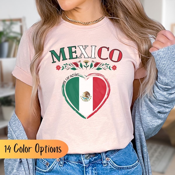 Mexico Flag Shirt, Mexican Heritage Tee with Floral & Heart Design, Mi Corazon Tshirt for Women, Mexican Pride Gift