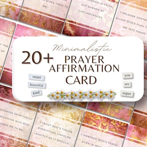 May include: A collection of prayer affirmation cards with a floral design. The central card reads "Minimalistic Prayer Affirmation Card" with the words "smart, beautiful, kind, you, are, super" on smaller cards. The background features floral patterns.