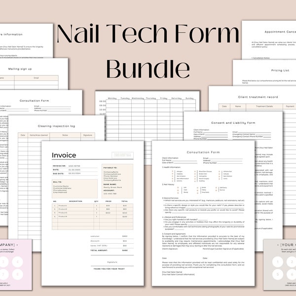 Nail Technician form bundle, Editable Canva template, Esthetician form, Invoice, Consent, Aftercare, consultation, treatment record, Pricing