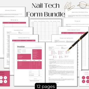 May include: A set of 12 printable forms for nail technicians. The forms include an appointment cancellation policy, pricing list, client treatment record, consent and liability form, consultation form, cleaning inspection log, and invoice. The forms are designed in a minimalist style with a pink accent color.