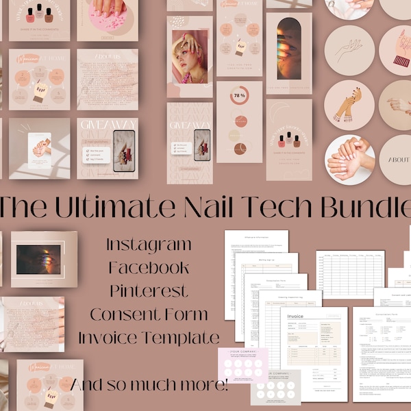 Nageltechnicus nagelsalonbundel, bewerkbare beige Instagram-berichten, highlights, Pinterest, Facebook, toestemming, factuurformuliersjablonen, Canva