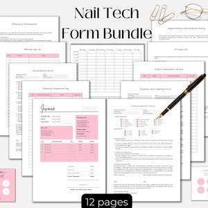 Puede incluir: Un paquete de formularios para técnicos de uñas con 12 páginas, que incluye formularios para información posterior al cuidado, registro de correo, consulta, inspección de limpieza, facturas y consentimiento. Los formularios tienen acentos rosas.