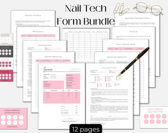 Nail technician form bundle, Pink editable printable canva template, Nail esthetician form, Invoice Liability form Manicure treatment record