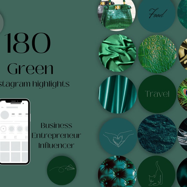 180 green Instagram highlight covers, Story Highlights, Aesthetic Instagram Story Highlight Icons, texts and icons editable, Canva templates