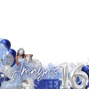 Superposición de 16 años, plateada y azul, plantilla de Canva, superposición de cabina 360, plantilla editable, superposición de cumpleaños, cabina de fotos