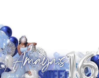 Sweet 16 Birthday Overlay, silver and blue, Canva template, 360 booth overlay, editable template, birthday overlay,  photo booth