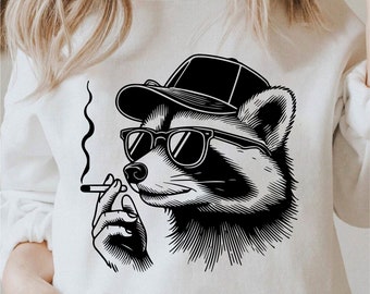Cooler Waschbär mit Hut SVG, Cooler Waschbär Png, Cooler Waschbär mit Sonnenbrille Silhouette SVG, Waschbär SVG Schwarz und Weiß, kommerzielle Nutzung