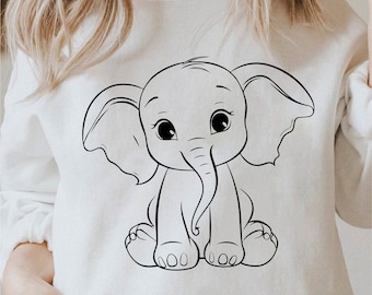 Baby Elephant Svg, Cute Elephant Svg, Cute Elephant Png, Kawaii Elephant Svg, Cricut Elephant Svg Black And White Print, Commercial Use