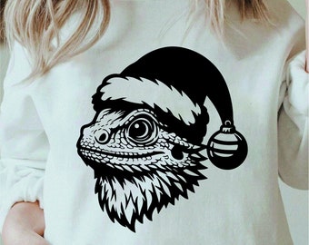 Christmas Bearded Dragon Svg, Bearded Dragon Png, Peeking Bearded Dragon Santa Svg, Cricut Reptile Png Black And White Print, Commercial Use