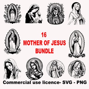 Paquete Madre de Jesús SVG, Paquete Virgen María Png, Naitividad Svg, Virgen María Clipart, Cricut Faith Svg Blanco y Negro, Uso Comercial