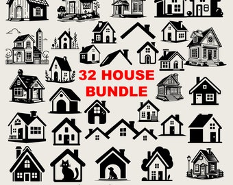 32 ontwerpen huis Svg bundel, huis clipart, Cricut huis Png bundel, huis silhouet, Circut Home Svg zwart-wit prints, commercieel gebruik
