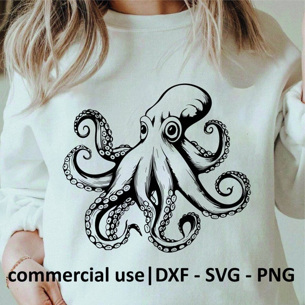 Octopus Svg Png Dxf, Octopus Tentacles Svg, Realistic Octopus Clipart, Sea Creatures Svg, Black and White Prints, Commercial Use License