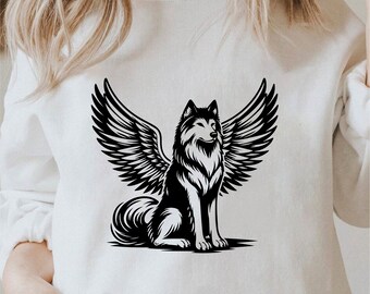Wolf Angel Wings Svg, Wolf With Wings Svg, Wolf Svg Black And White Cricut, Angel Wolf Svg Black And White Prints, Commercial Use License