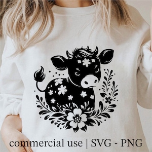 Floral Cow Svg, Flowers Baby Cow Svg, Cow Png, Baby Cow Clipart, Baby Cow with Flowers Svg, Cow Lover Svg Black and White, Commercial Use