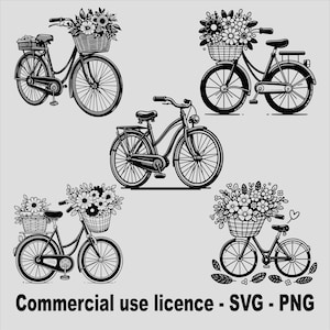 Bicycle Bundle Svg, Floral Bicycle Png, Bicycle Lover Clipart, Retro Bicycle with Flower Png, Commercial Use