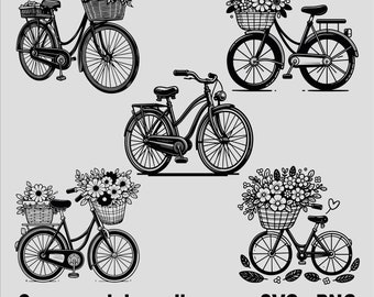 Bicycle Bundle Svg, Floral Bicycle Png, Bicycle Lover Clipart, Retro Bicycle with Flower Png, Commercial Use