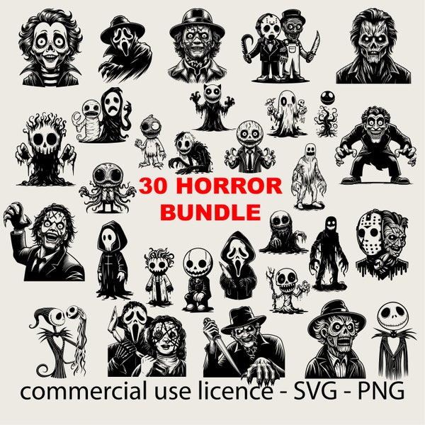 30 Designs Horror Svg Bundle, Cricut Halloween Svg, Horror Friends Svg, Horror Characters Svg, Halloween Svg Black And White, Commercial Use