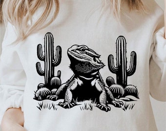 Bearded Dragon With Cactus Svg, Bearded Dragon Png, Bearded Dragon Lover Svg, Cricut Reptile Png Black And White Print, Commercial Use