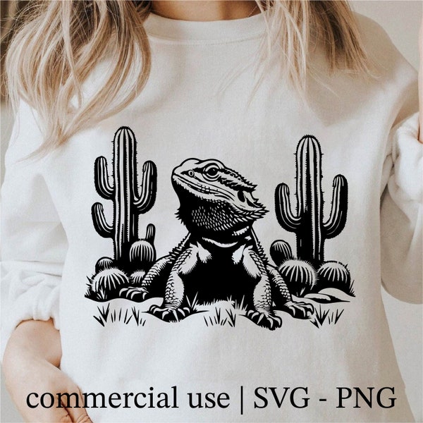 Bearded Dragon With Cactus Svg, Bearded Dragon Png, Bearded Dragon Lover Svg, Cricut Reptile Png Black And White Print, Commercial Use
