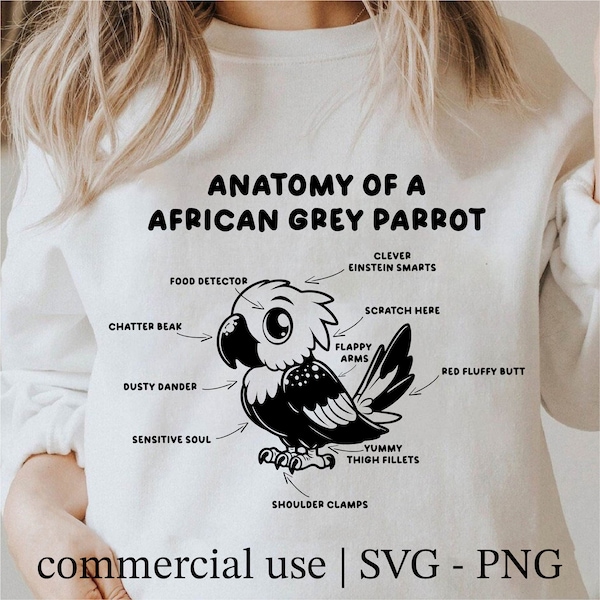 Funny African Grey Parrot Svg, Cute Parrot Svg, Cricut Parrot Svg, Anatomy Of An African Grey Parrot Svg Black And White, Commercial Use